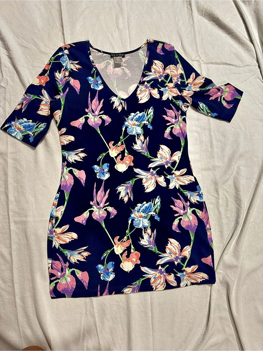Venus Floral Long Tee in Navy Blue & Multicolor